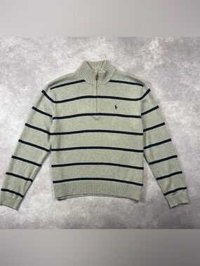 [258] Ralph Lauren Men's Gray and Black Striped Zip-Up Sweater XL Size